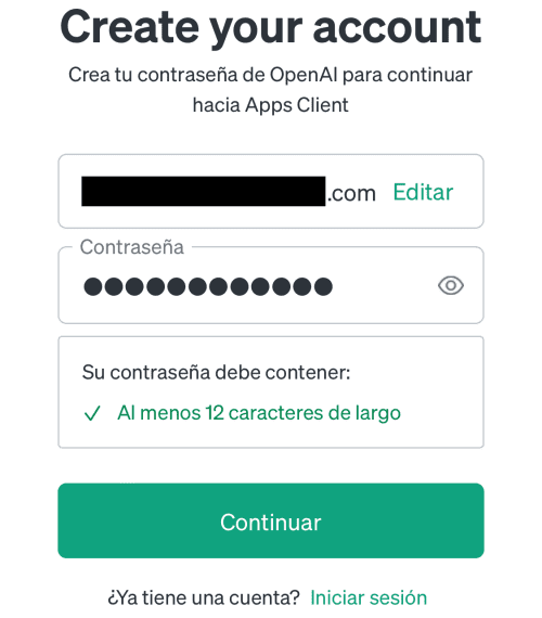 Crea tu contraseña de OpenAl para continuar hacia Apps Client