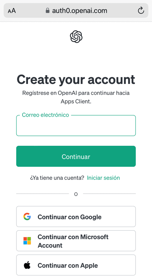 Haz clic en el enlace para comenzar el registro: https://chat.openai.com/auth/login.